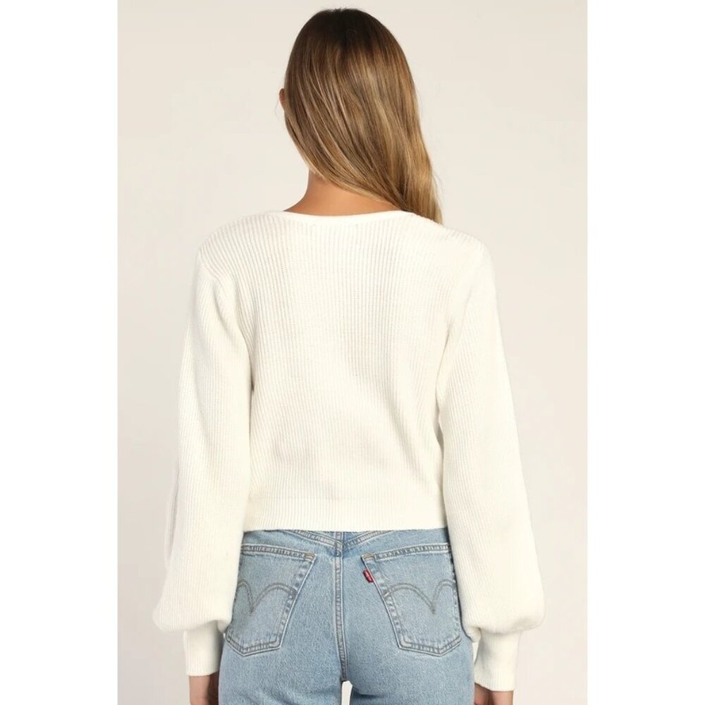 XS Lulus Pullover Fit For Fall Ivory Surplice Balloon Sleeve Sweater - Picture 4 of 10